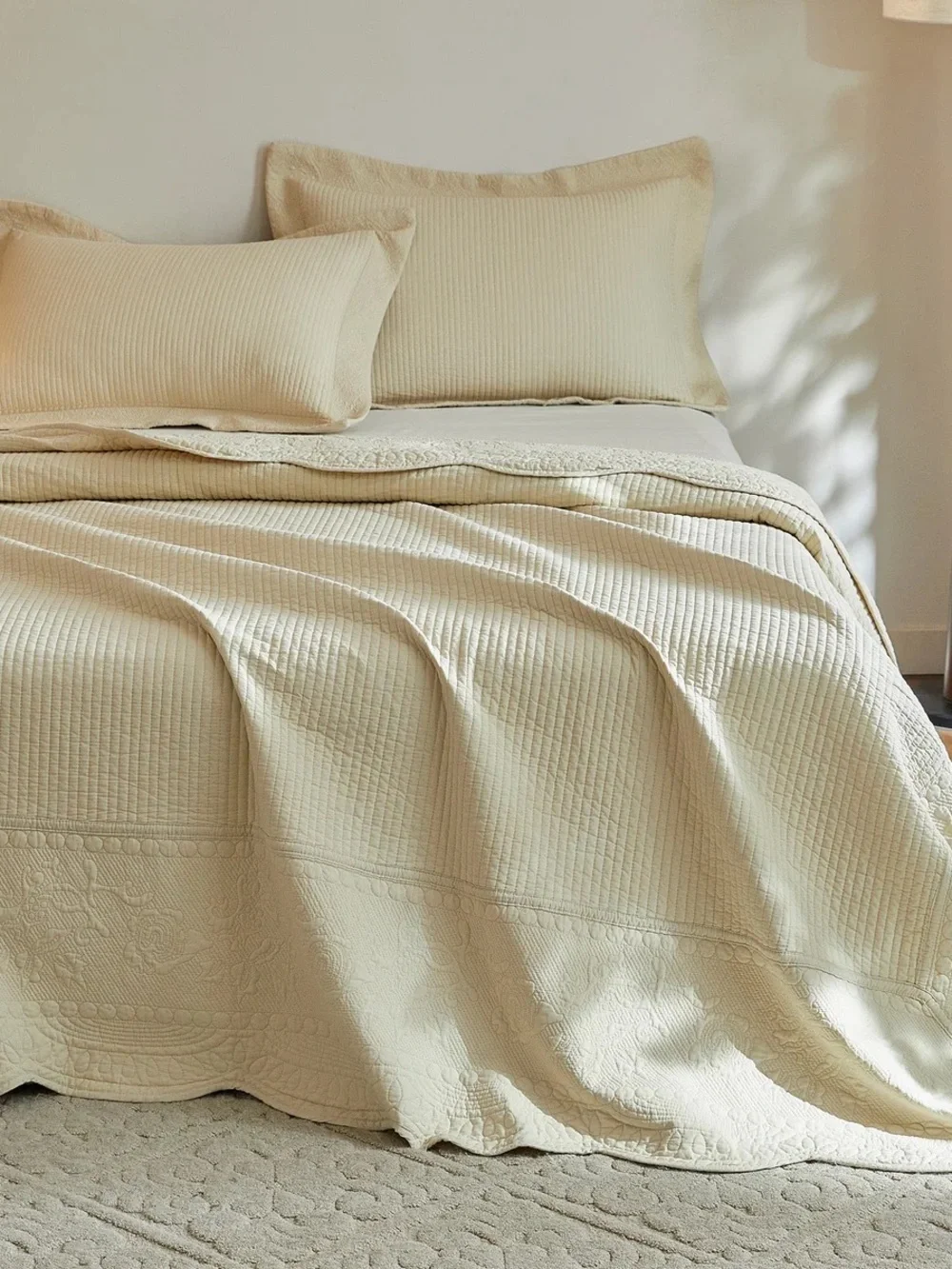 Cream Quilted Bedspread Set with Matching Pillow Shams